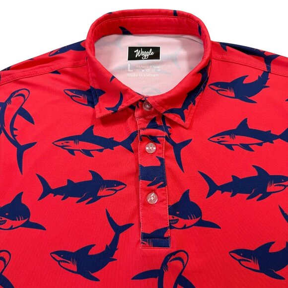 Waggle Golf Performance Polo Shirt Shark Print Red & Blue Size Large - Picture 2 of 8